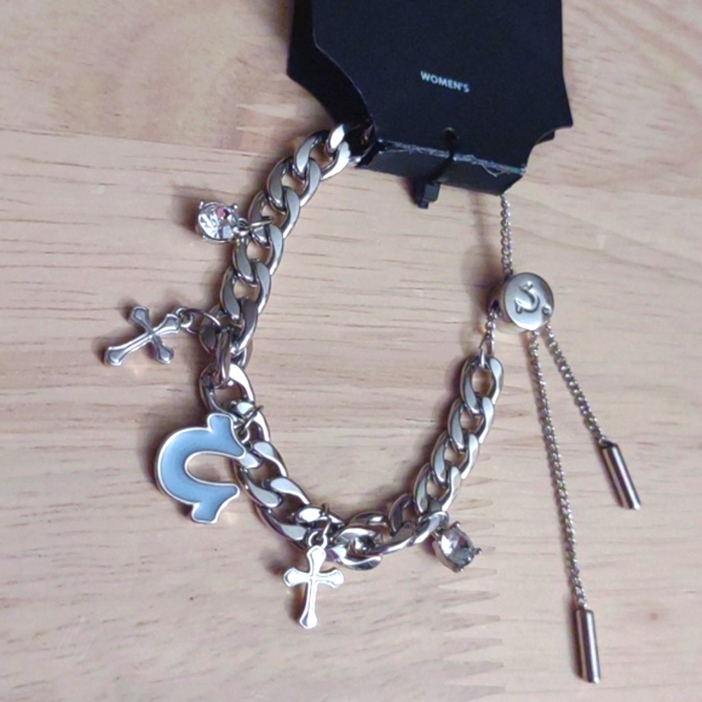 True Religion Blue Logo Symbol Silver Cross Charms Chain Bracelet